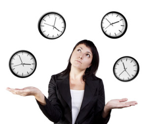 A young woman juggling the management of time. Isolated on a white background.